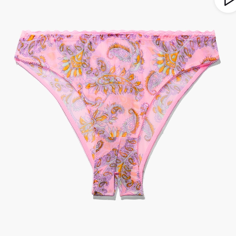 Savage X Fenty Satin Pink Bohemian Paisley Print Mesh Crotchless High-Leg Bikini